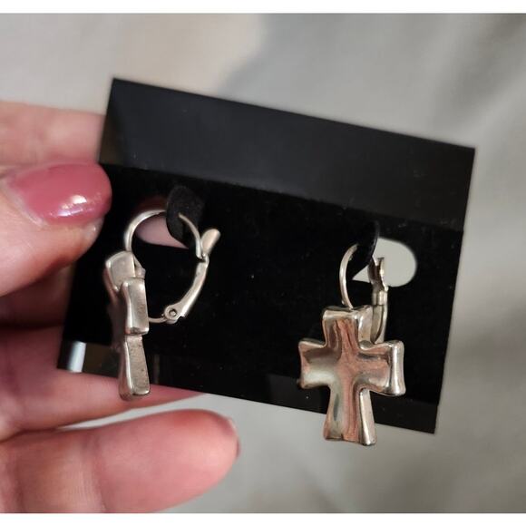 Silver Chunky Cross Hugger Dangle Earrings Block Style Christian - Picture 6 of 8